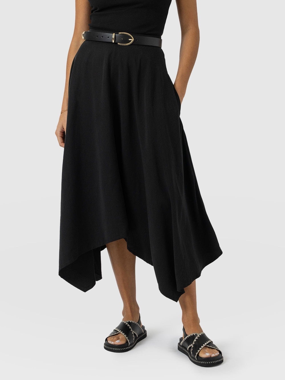 Saint + Sofia NWT Women's Black High-Low Midi “Noho” Skirt with Pockets! - Picture 3 of 11